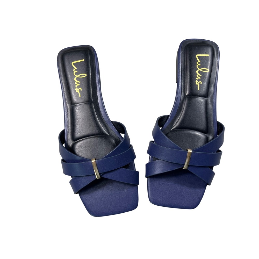 Lulus Navy Square Toe Slide Sandals Gold Accent NWOB Size 6